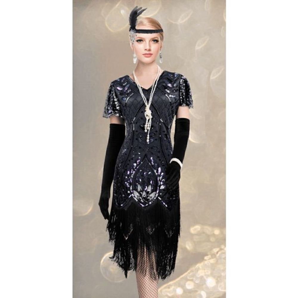 ✨ Flapper Great Gatsby 1920s Retro Tassel Fringe Sequin Midi Black Dress XL NEW - Picture 3 of 13